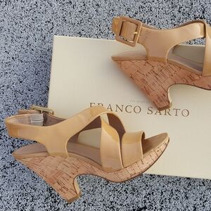 Franco Sarto Patent Leather and Cork Platform Sandals 6.5 M Tan
